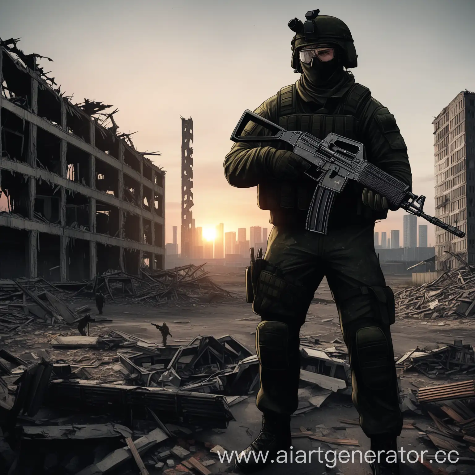 Escape-from-Tarkov-Character-with-AK12-in-Sunset-Cityscape