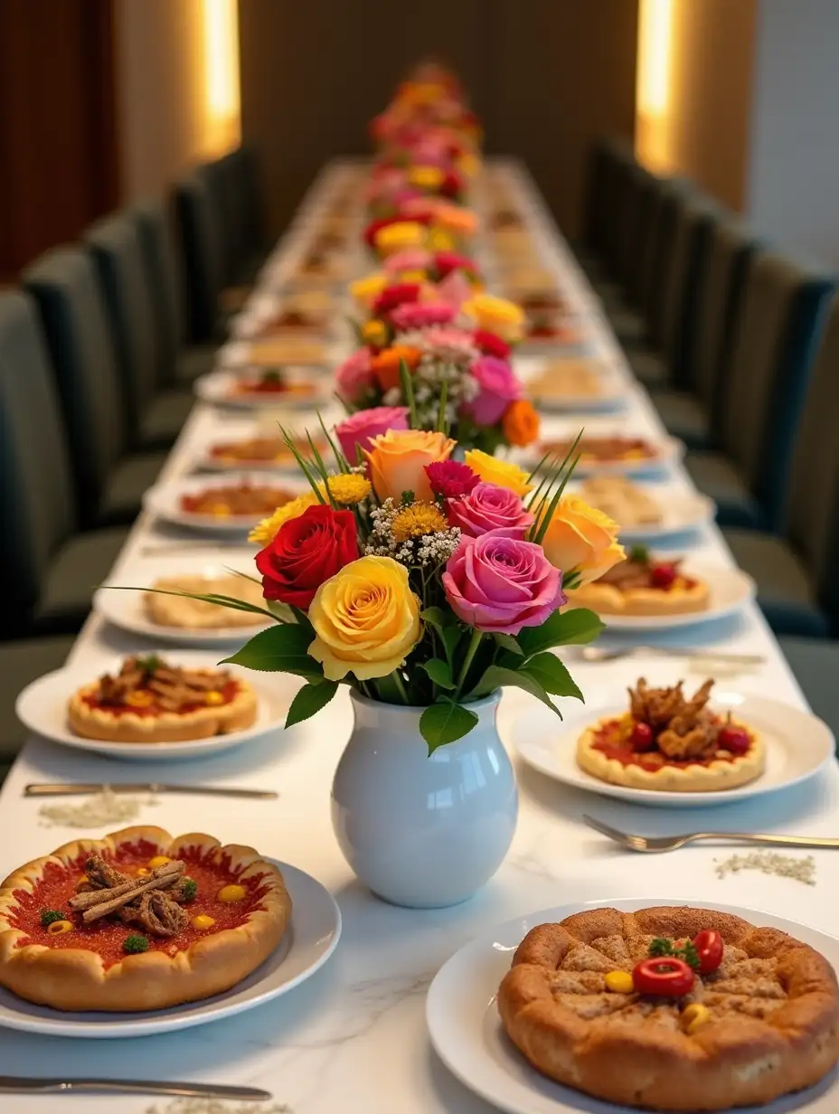 Festive-Table-with-Assorted-Foods-and-White-Marble-Vase-of-Flowers