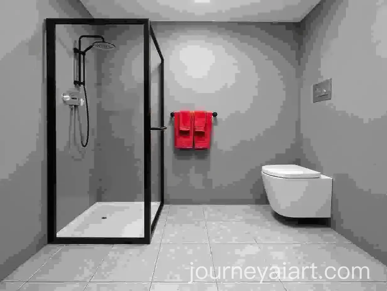 Modern-Grey-Bathroom-with-Black-Shower-Profiles-and-Red-Towels
