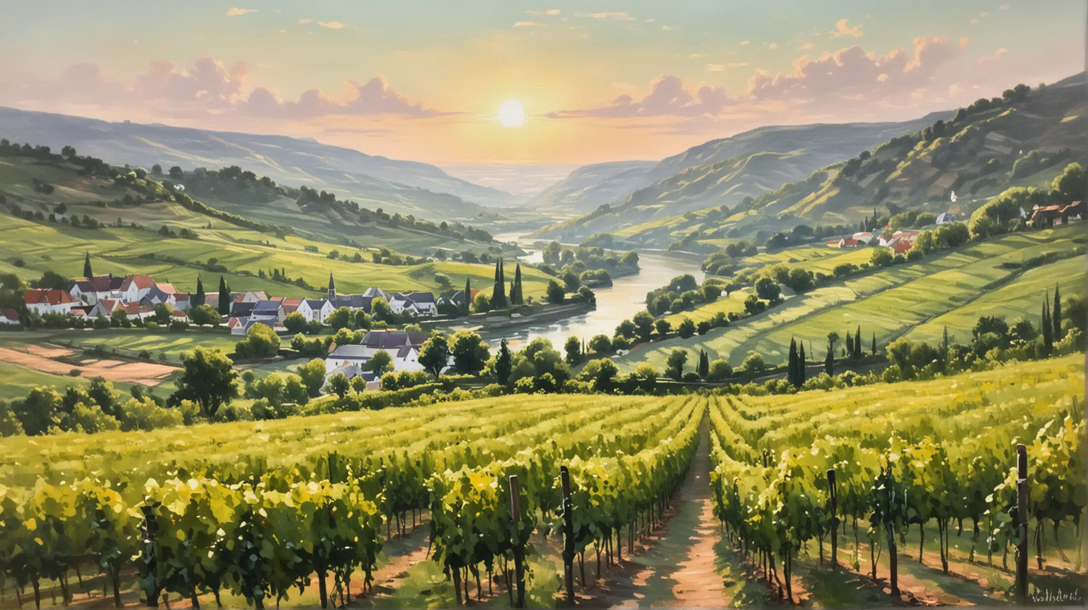 Dreamy Oil Painting of Moselle River and Nittel Vineyards in Pastel Colors