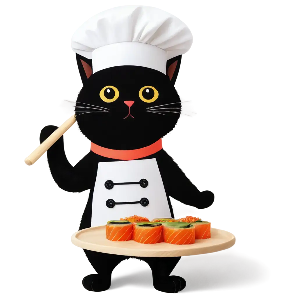 A cute Black cat dressed as a sushi chef, with a sushi tray, PNG format, transparent background.