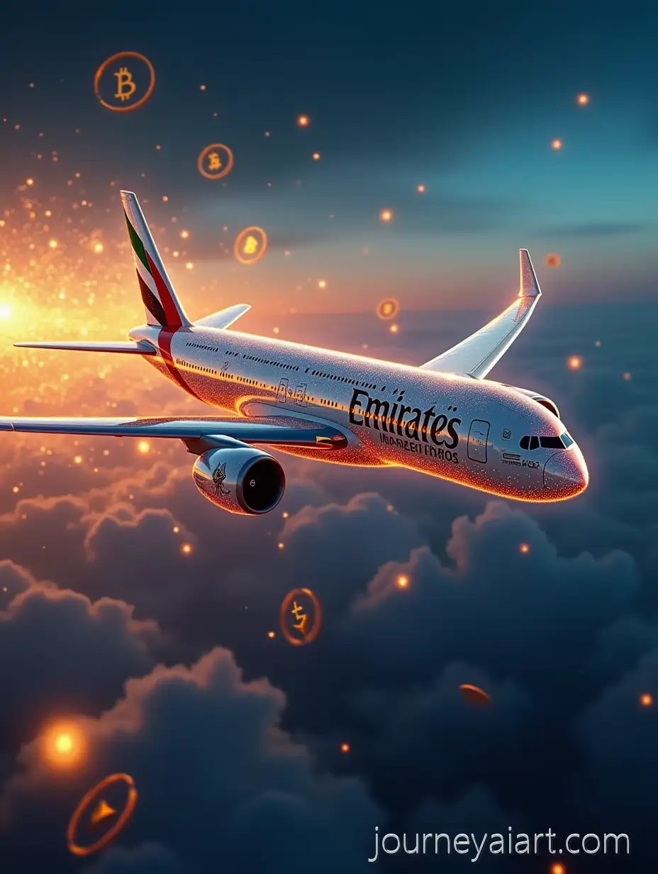 Luxury-Emirates-Airplane-Soaring-Through-Digital-Sky-with-Cryptocurrency-Symbols-and-Crypto-Coins