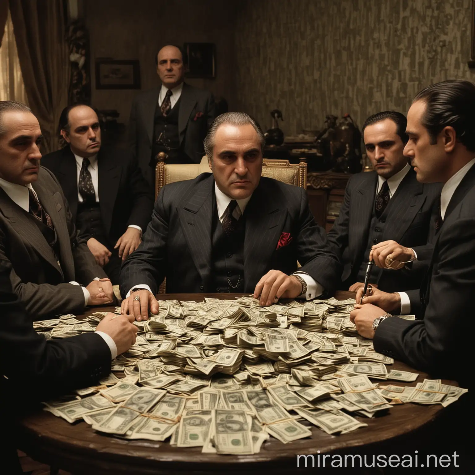 Mafia Boss Vito Corleone Discusses Business with Money and Weapons on Table