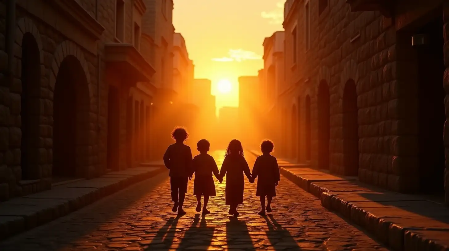 Children Playing in a Biblical Era Stone City Silhouette at Sunset