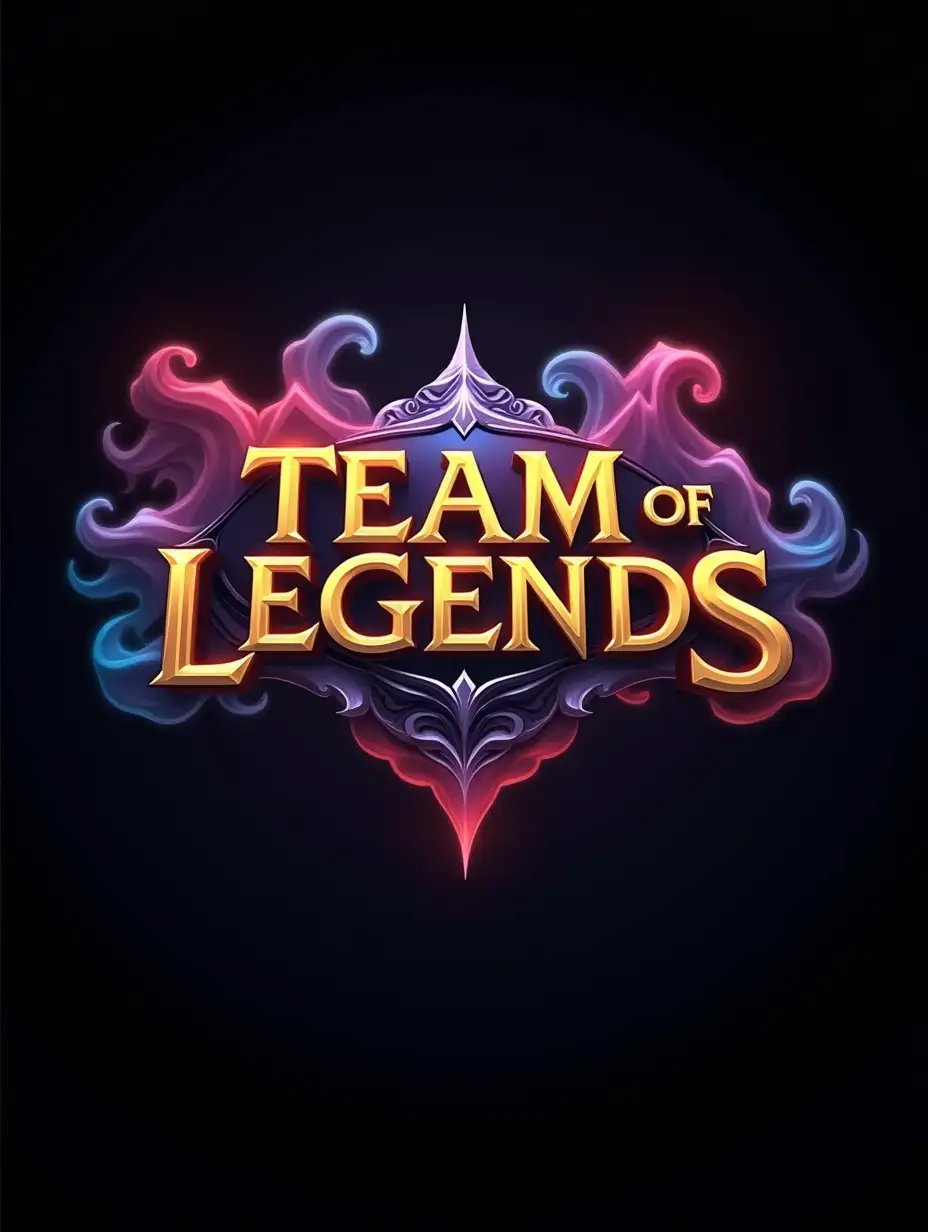 Create a logo for the team of legends that has 3D and fantasy letters in gold color , the background should be black and there should be colorful neon-style smokes around,character design, concept art, symmetry, golden ratio, evocative, award winning, shiny, smooth,HD,3D