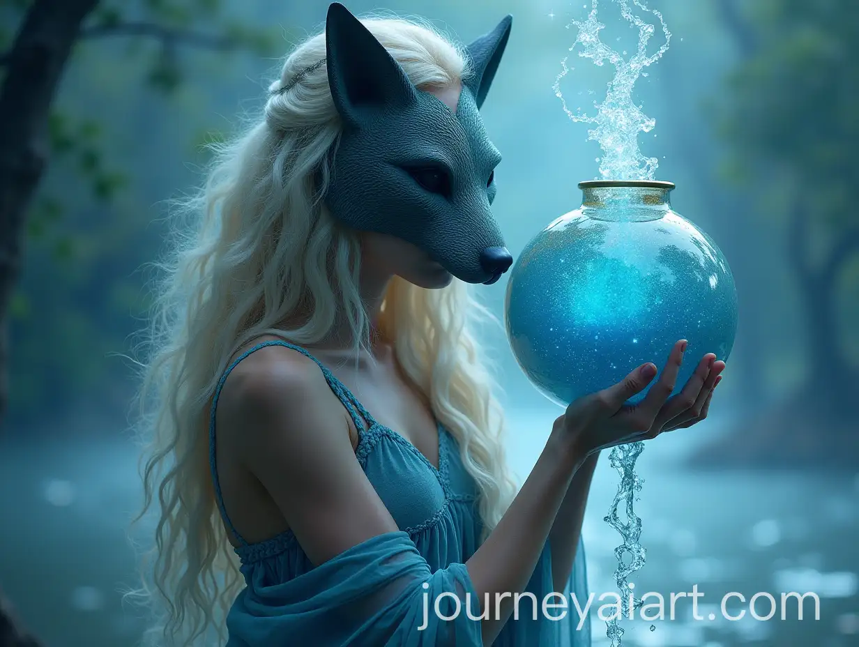 Mystical-Aquarius-Woman-Holding-Kitsune-Mask-and-Water-Jar-in-Celestial-Setting