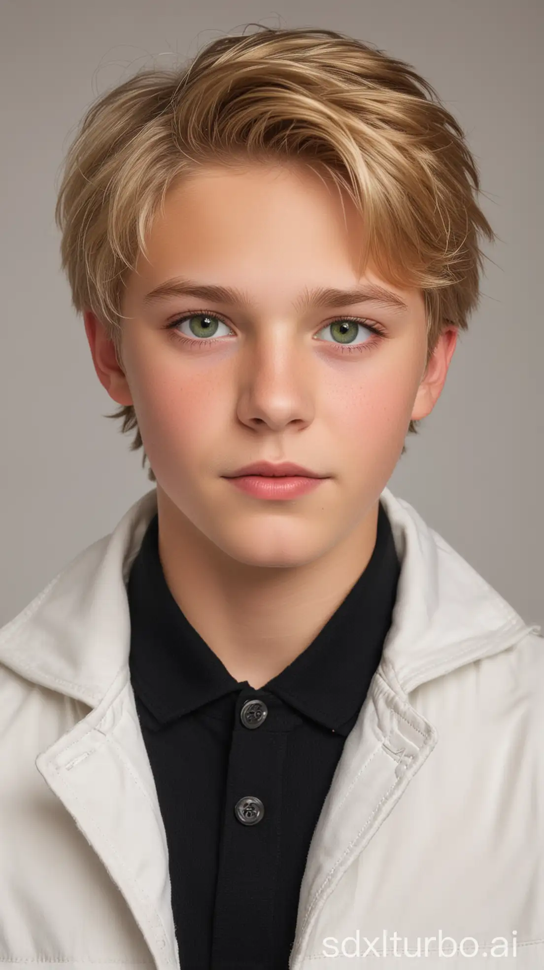 AddXL,1teenage 13 years old boy, adrien agreste, blonde hair, green eyes, white jacket, black shirt, small face, a little bit red cheecks