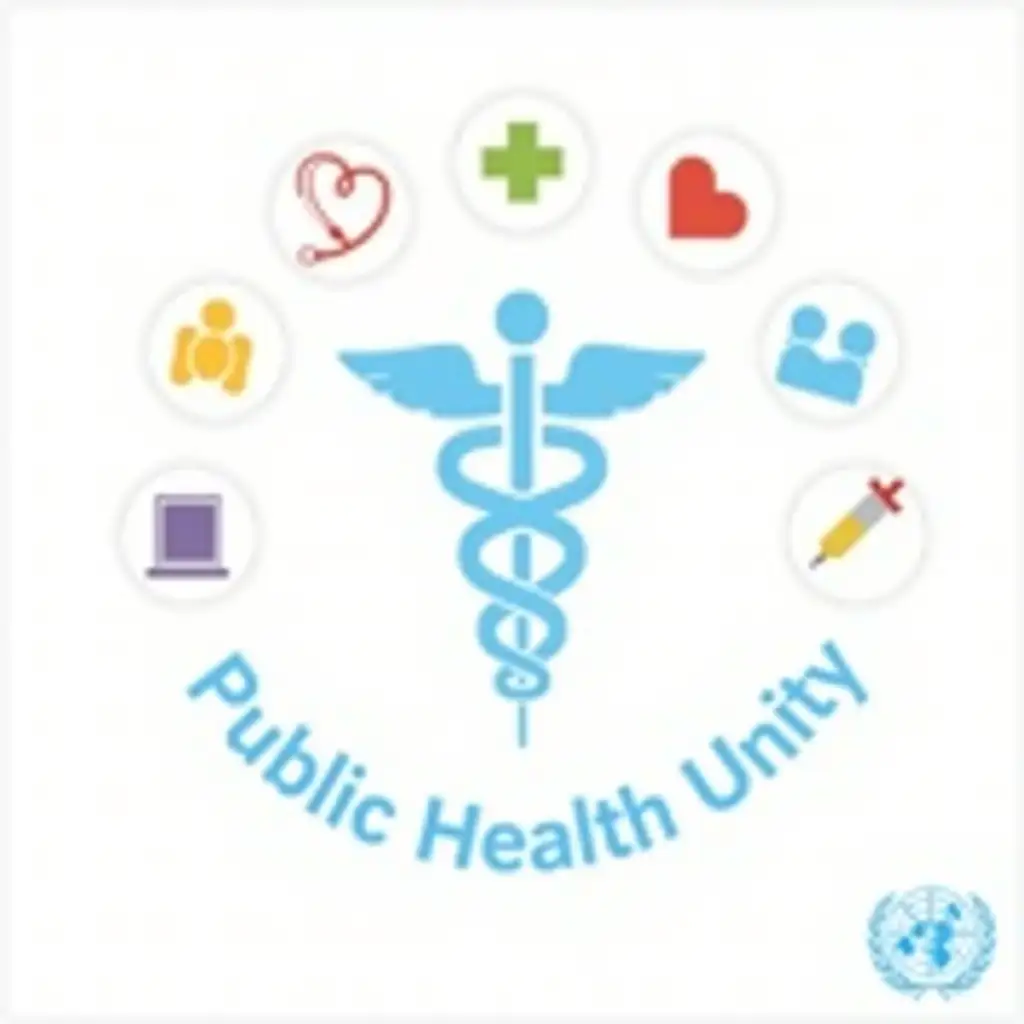 The image is a circular graphic with a white background. In the center of the circle, there is a blue caduceus medical symbol, which is a symbol of the United Nations. Surrounding the symbol, there are various icons representing different aspects of health and medical care. The icons are arranged in a circular pattern, with each icon representing a different aspect of the healthcare system. The colors of the icons are red, orange, yellow, green, blue, and purple, representing the colors of health. There are also icons of medical symbols such as a stethoscope, a heart monitor, a syringe, and a pill bottle. These icons represent different types of medical devices, such as tablets, pillows, and medical equipment. The text 'Public Health Unity' is written in blue at the bottom of the image, with the UN logo in the bottom right corner.