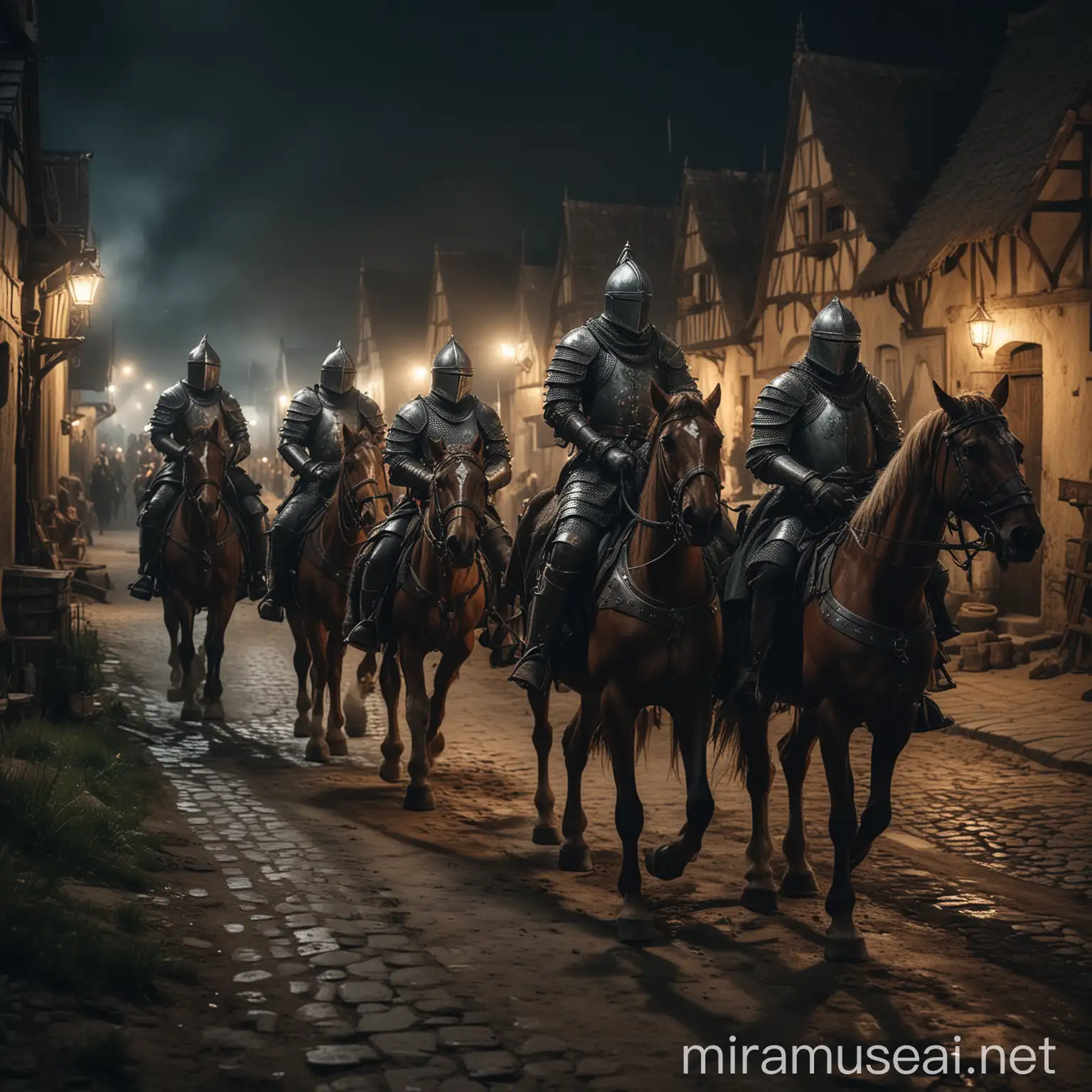 Medieval HeavyArmored Knights Riding Through Village at Night