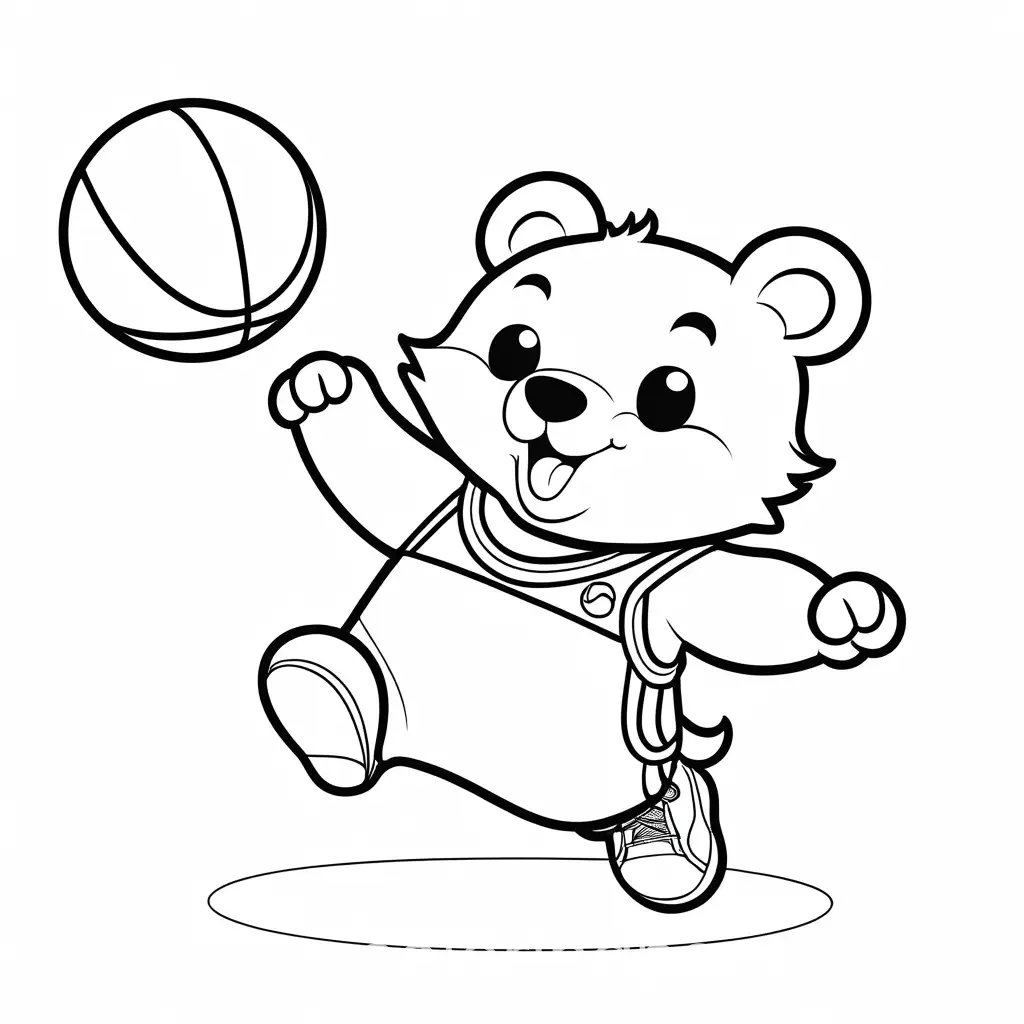 Generate a simple, bold, and easy-to-color illustration of an animal character playing Basketball. The animal should be cartoonish and friendly, such as a happy bear or a lively cat, engaging in a Basketball action like kicking the ball or dribbling. The lines should be thick and clear, with large, distinct areas for coloring. Avoid complex details to ensure it’s suitable for a coloring book for kids”, Coloring Page, black and white, line art, white background, Simplicity, Ample White Space. The background of the coloring page is plain white to make it easy for young children to color within the lines. The outlines of all the subjects are easy to distinguish, making it simple for kids to color without too much difficulty