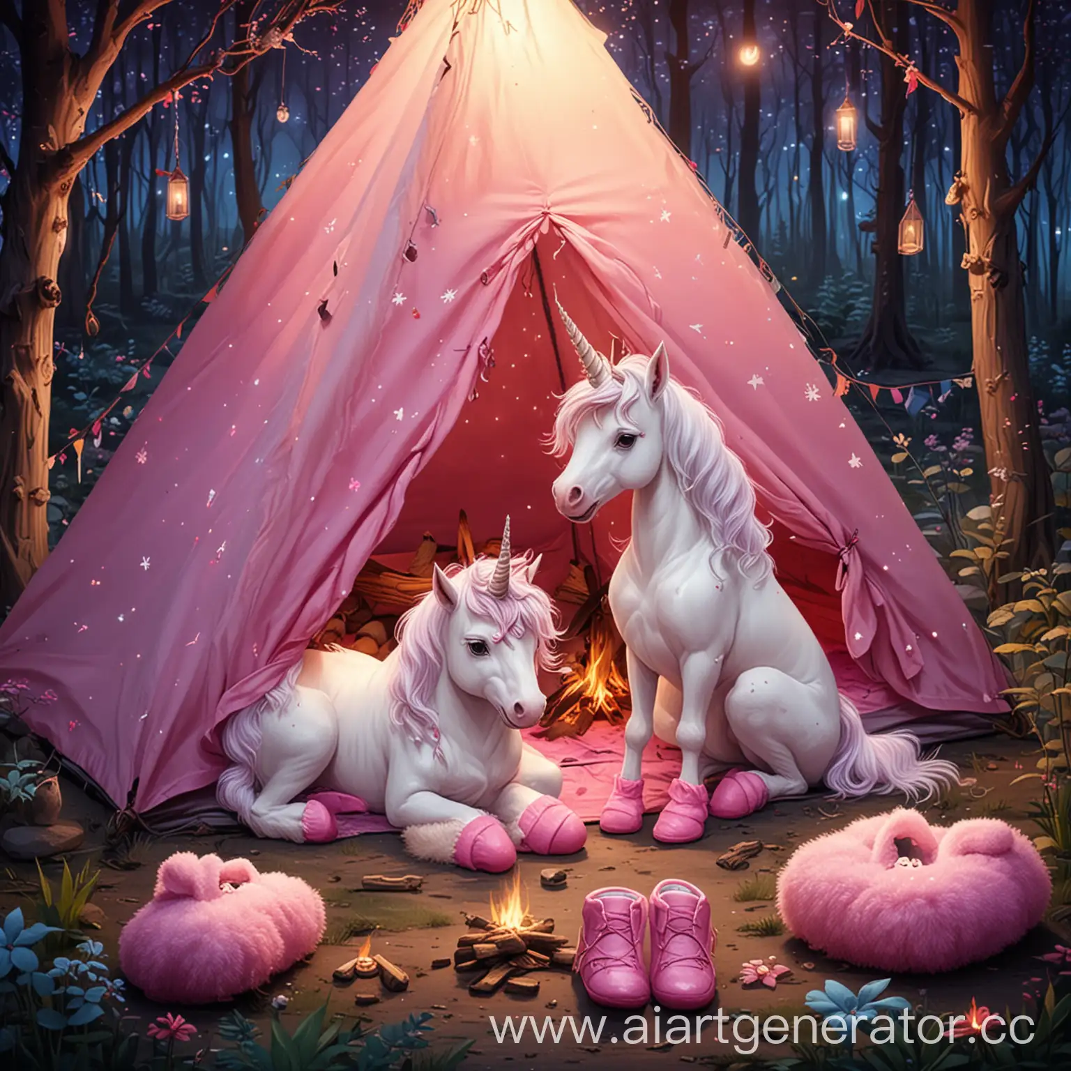 Magical-Forest-Camping-Scene-with-Girls-and-Unicorn-in-Cartoon-Style