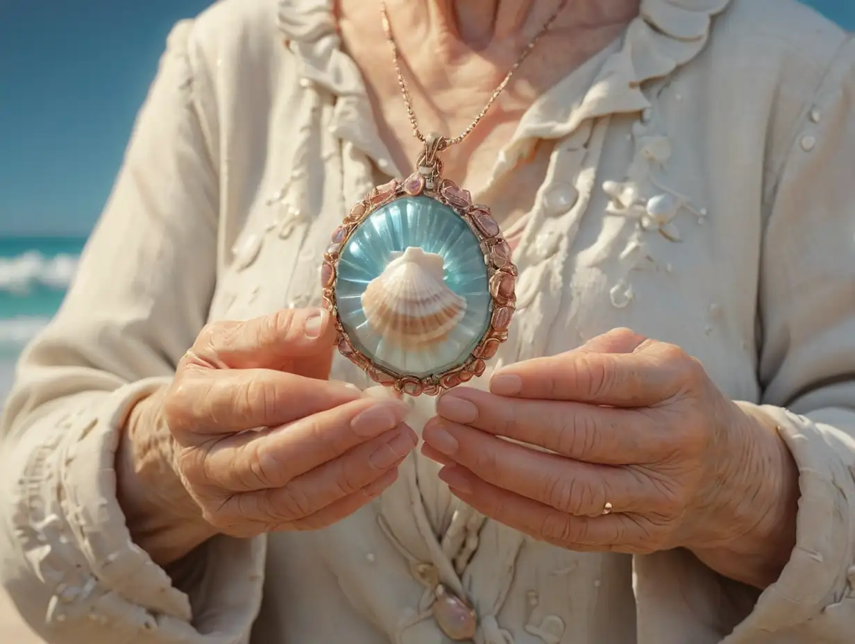 Elderly-Woman-Holding-Shimmering-Seashell-Pendant