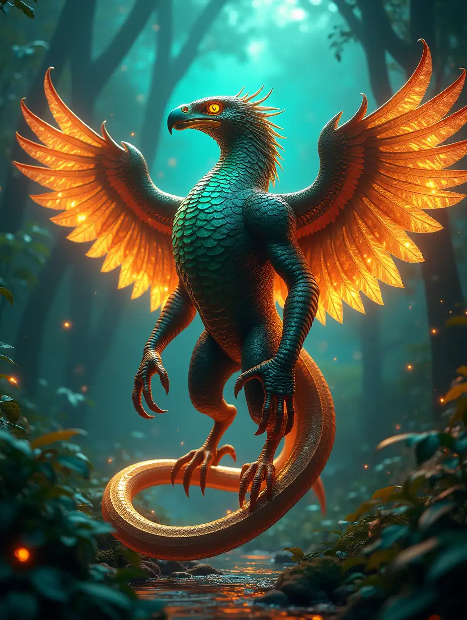 A stunning fusion of eagle and anaconda, merging their unique strengths, abilities, and appearances. Body structure is massive and serpentine, combining the eagle's speed and agility with the anaconda's immense power and resilience. The head features a sharp, avian beak fused with snake-like eyes and a sleek, scaled texture, with glowing golden patterns along the contours. Limbs are muscular and segmented, influenced by both entities, with razor-sharp talons and coil-like appendages. Its wings are vast, covered in feathers that shimmer in vivid electric blue, with an ethereal aura of crackling energy. Armor and textures blend leathery scales with glossy, metallic feathers, glowing with neon green and gold patterns. It radiates an intense aura of fiery crimson and golden light, pulsating with power. Mutation includes segmented, insectoid limbs and a spiked tail, creating an alien appearance. Environment: a vibrant Jungle World, where glowing plants and ethereal lights create a contrast against the hybrid’s vivid features.