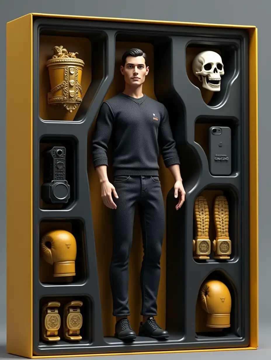 Create a collectible action figure of a man - As an expensive toy in packaging. Style: As realistic as possible, like for advertising or storytelling (aspect ratio 9:16). The main point: This is a 3D doll in the style of Ken, male, made of soft touch plastic. The character - full size, replicating the appearance and outfit from the first photo. Copy every detail: short haircut, lips, transparent blue eyes, facial features and proportions. Athletic build. Clothing - exactly as on the photo, with an emphasis on style and textures. The doll lies in a plastic recess that repeats its silhouette. Package style: Modern. Box: Transparent plastic in front, cardboard back. Colors are black and yellow. The name of the character, Sergei, should be at the top of the box, letters embossed and engraved on the box. Accessories inside the box: spread out next to the doll in their own places in separate cells: Mercedes logo, skull, civil code, iPhone 16 for Max, golden watches, boxing gloves, ... Accessories as photo-realistic and detailed mini versions. Key: Style, visuals and detailing - like a premium collectible toy.