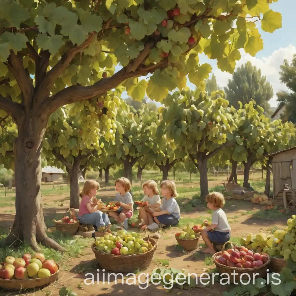 Children-Enjoying-Fresh-Fruit-on-a-Large-Farm-with-Grape-Fig-Apple-and-Pear-Trees