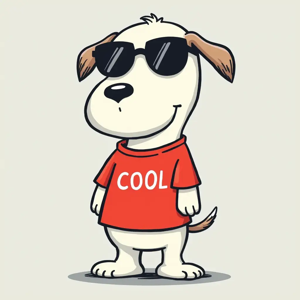 The image depicts a dog. In this cartoon illustration, the dog is depicted in a playful pose, standing upright and looking cool. He wears a bright red T-shirt with the words 'COOL' printed on it, a persona he often adopts in comics. The dog's iconic round head is complemented by large, dark sunglasses that cover his eyes, reinforcing his relaxed and confident demeanor. Its ears are droopy and its tail is slightly raised, contributing to its cheerful appearance. The background is a solid light gray, which helps highlight the dog's shirt's bright colors and distinctive black and white design. The overall vibe of the illustration is fun and whimsical, capturing the essence of the dog's character as a cool, carefree dog. The style of the artwork is a simple line drawing, typical of vintage cartoon illustrations.