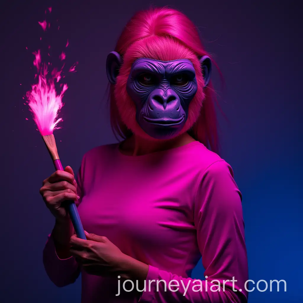 Fashion-Model-Wearing-Gorilla-Mask-Neon-Style-Paint-Brush-Art