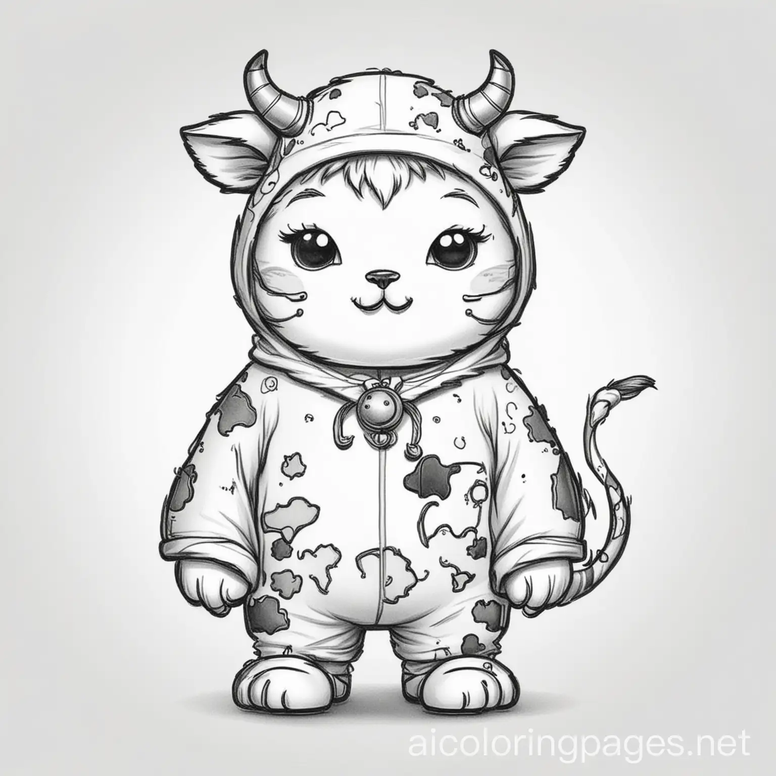 A cat wearing a cow Halloween costume, Coloring Page, black and white, line art, white background, Simplicity, Ample White Space. The background of the coloring page is plain white to make it easy for young children to color within the lines. The outlines of all the subjects are easy to distinguish, making it simple for kids to color without too much difficulty