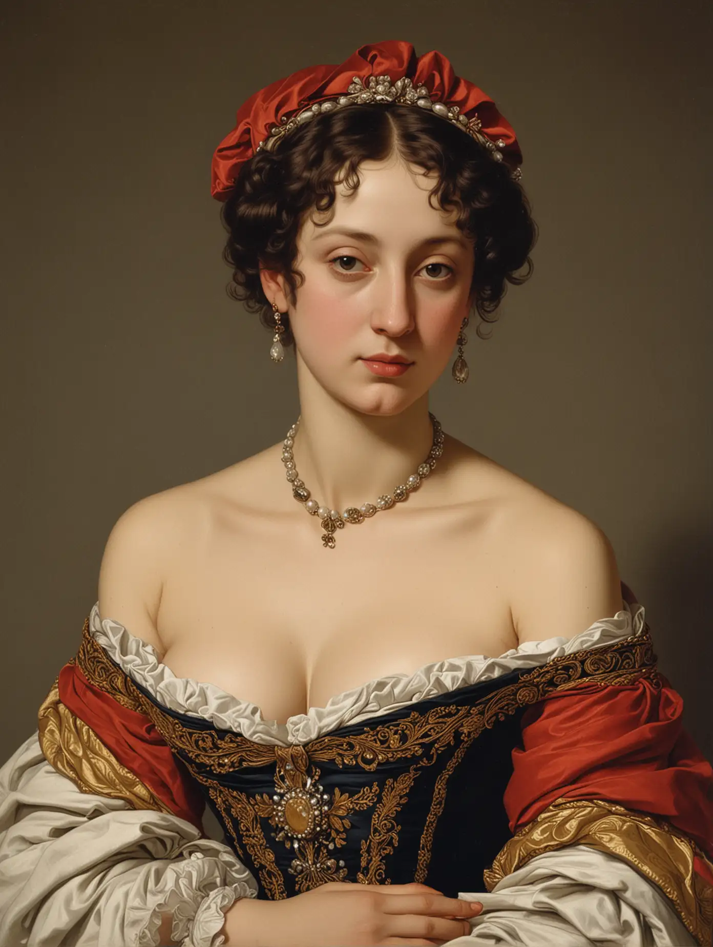 Jean Auguste Dominique Ingres::3 lady waist up portrait wearing low off the shoulder ornate attire 