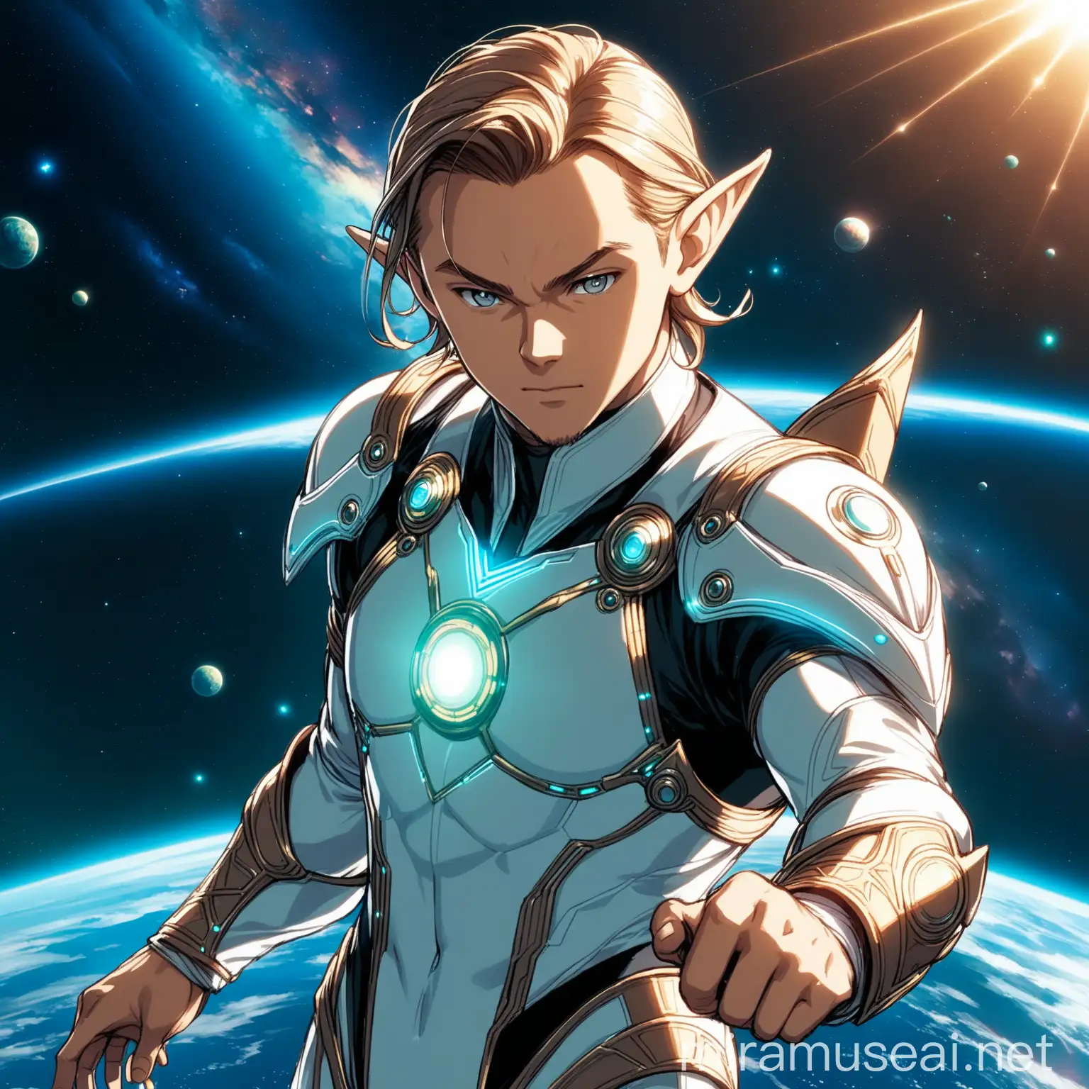 An anime (((man similar to Leonardo Di Caprio))), (((big elf ears))), grey eyes, calm look, futuristic clothes, heroic pose, in epic space anime