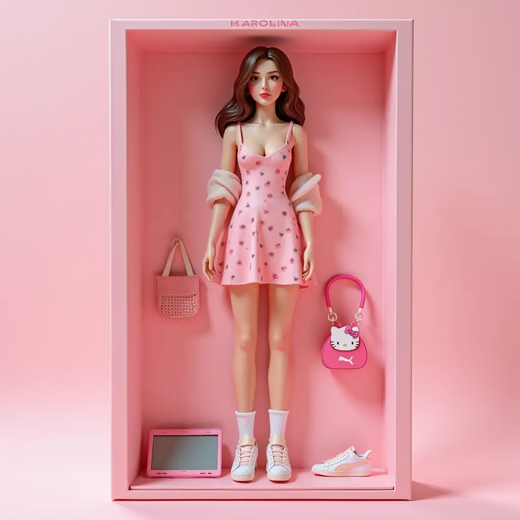 Create a collection of 3D action figures based on human photos. The figure is full size, made of soft touch plastic, lying in a plastic mold according to the silhouette inside a PINK box with a transparent window. Repeat the appearance from the photo with the following notes: face features, hairstyle. The figure should be [slender]. There should be clothing on the figure: [a pink dress with straps and a print of small cherries as in the photo, a short semi-transparent white shawl, light pink sneakers with white socks from Puma] nearby place accessories: [pink bag, Hello Kitty charm, iPad, headphones]. Write [KAROLINA] at the top of the box. The image should be realistic, like a photo of an expensive collectible toy.