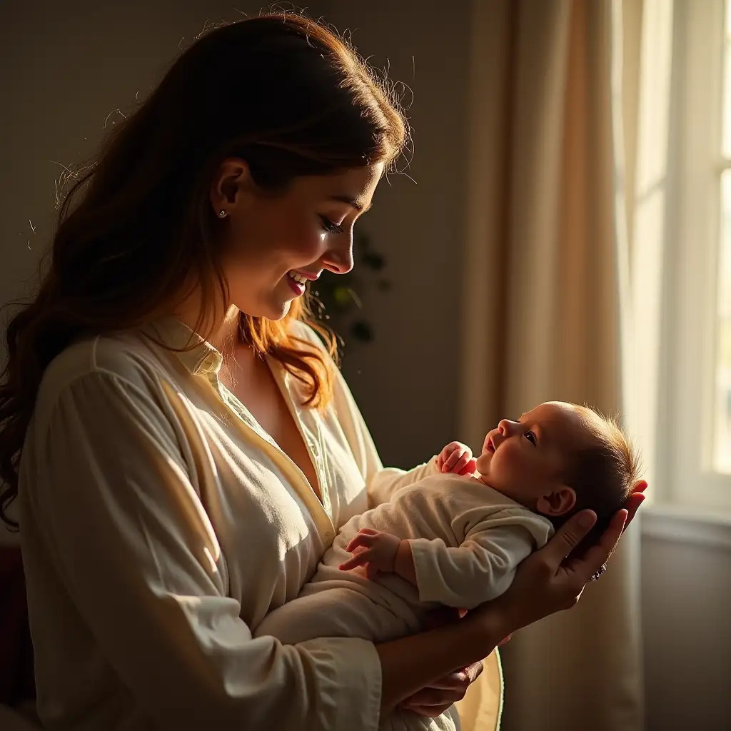 A woman holding a little baby in her arms is being blessed by Jesus in her home