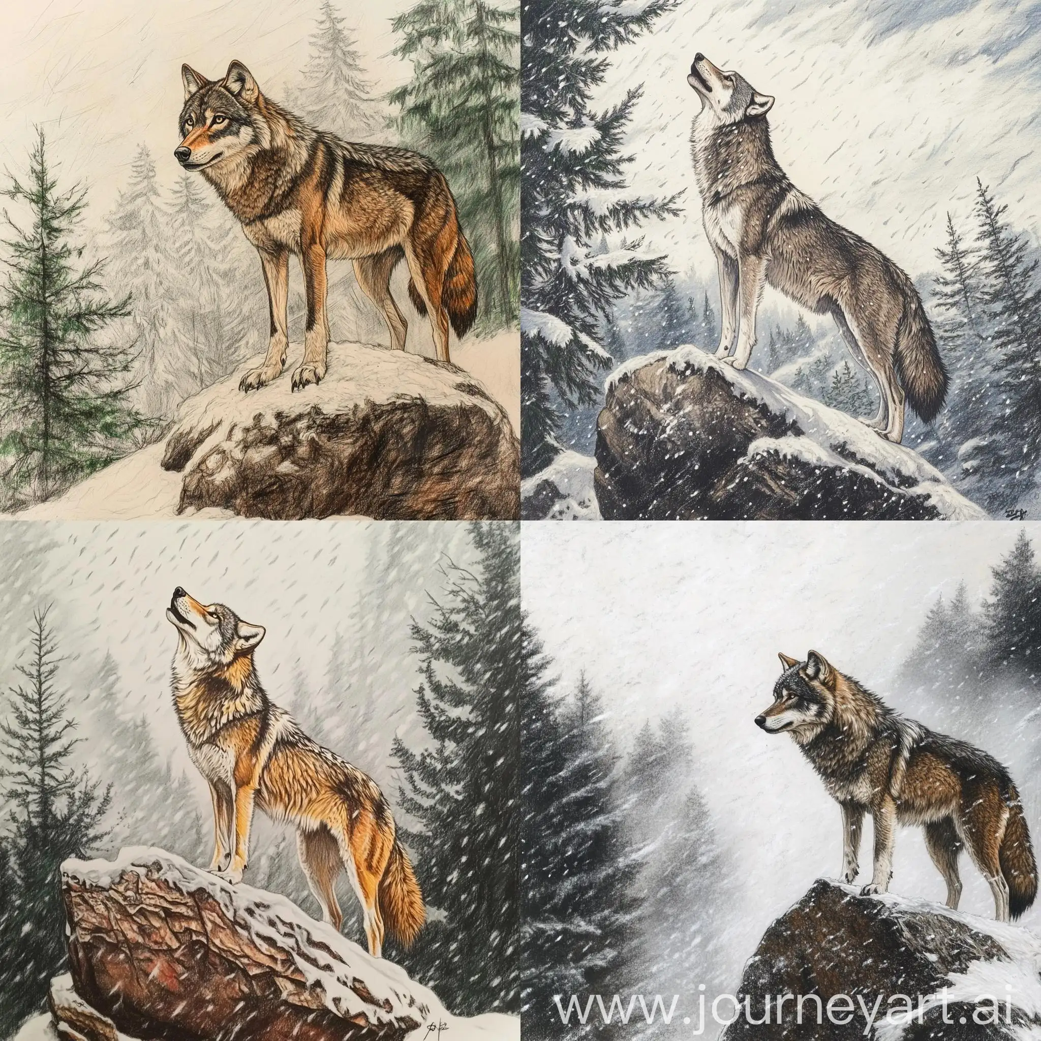 Wolf-Standing-on-Snowy-Rock-in-Forest-Landscape