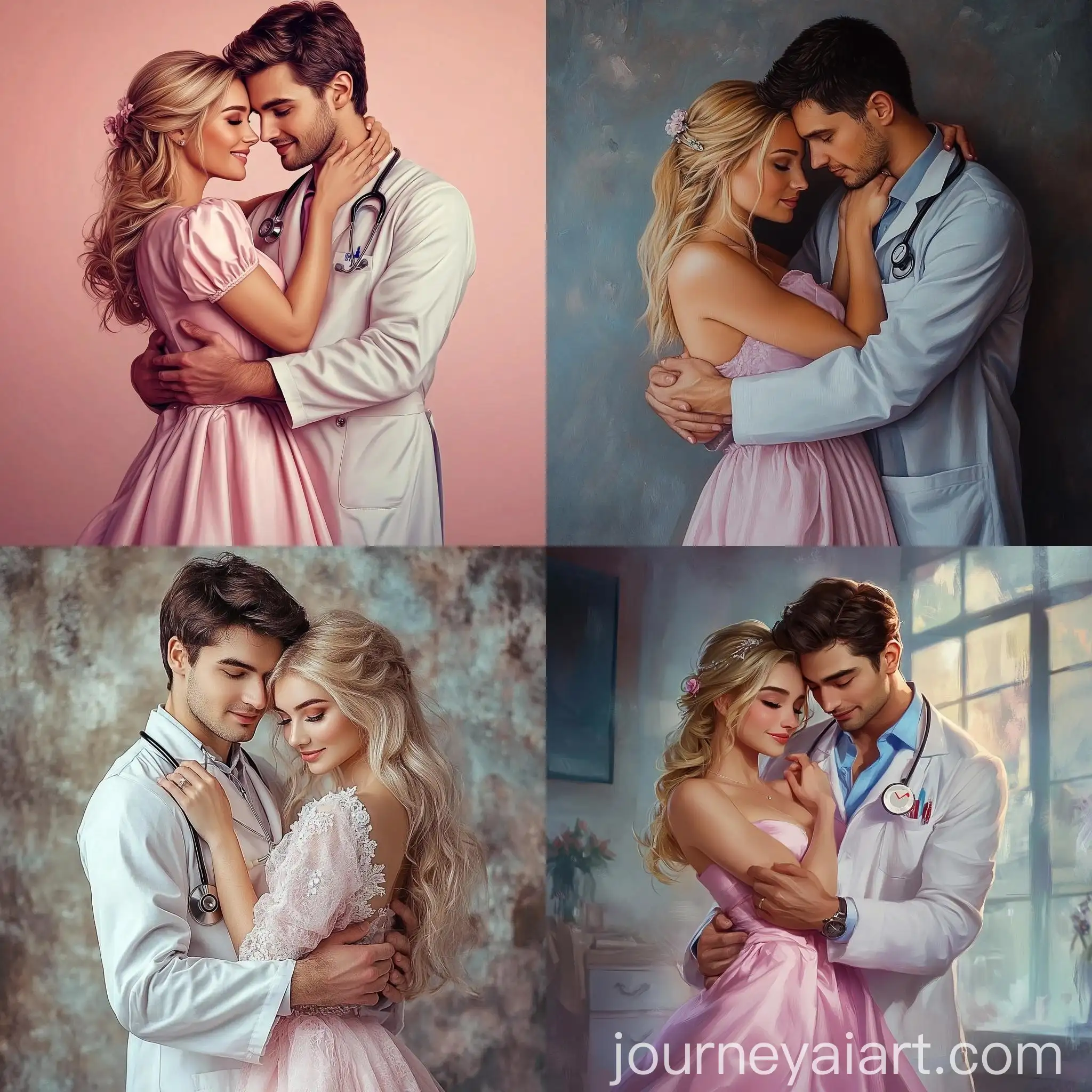 Affectionate-Brunette-Doctor-Embracing-Blonde-Woman-in-Pink-Dress