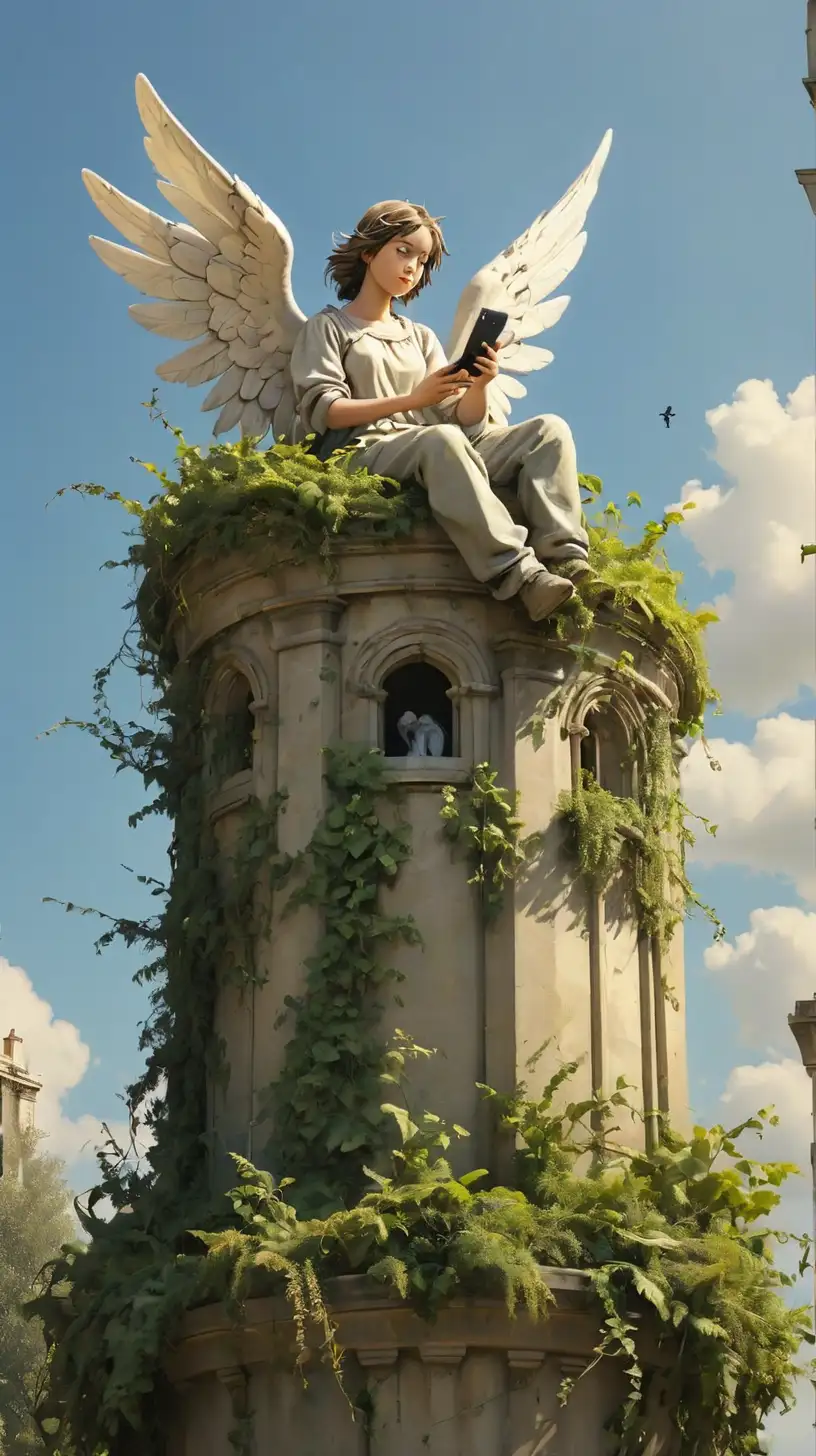 Angel in Tower with Cellphone and Abundant Vegetation under Clear Skies