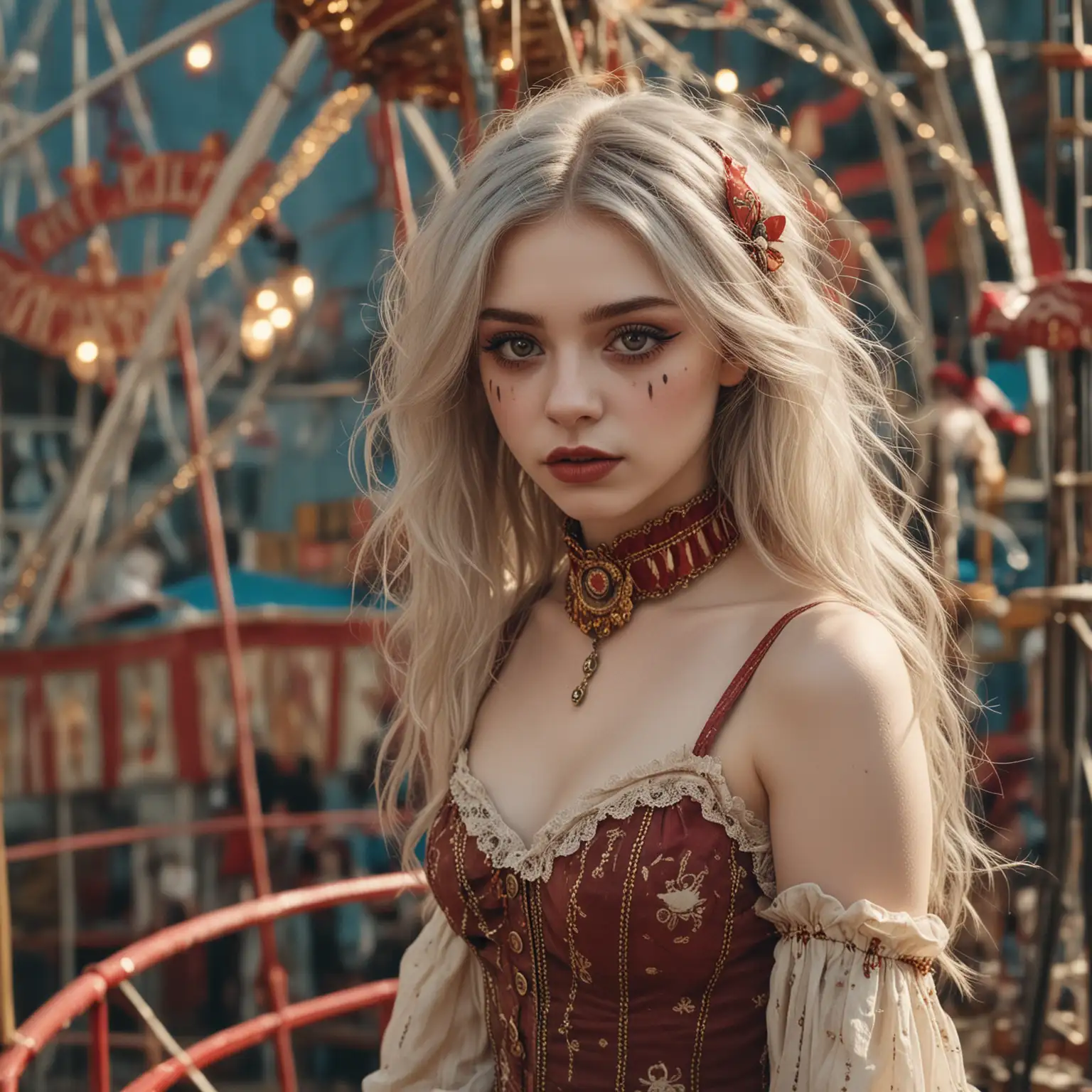 A girl of short stature, with very pale skin and grayish brown eyes, is in the center of the scene. Her gaze is piercing, mischievous, and mysterious. Her thin and slender body is adorned with strange makeup and vintage circus-style clothing. Brown chest-length hair. She is at an old fair, riding a ferris wheel creating an intriguing and fascinating atmosphere. The photograph shows her whole body.