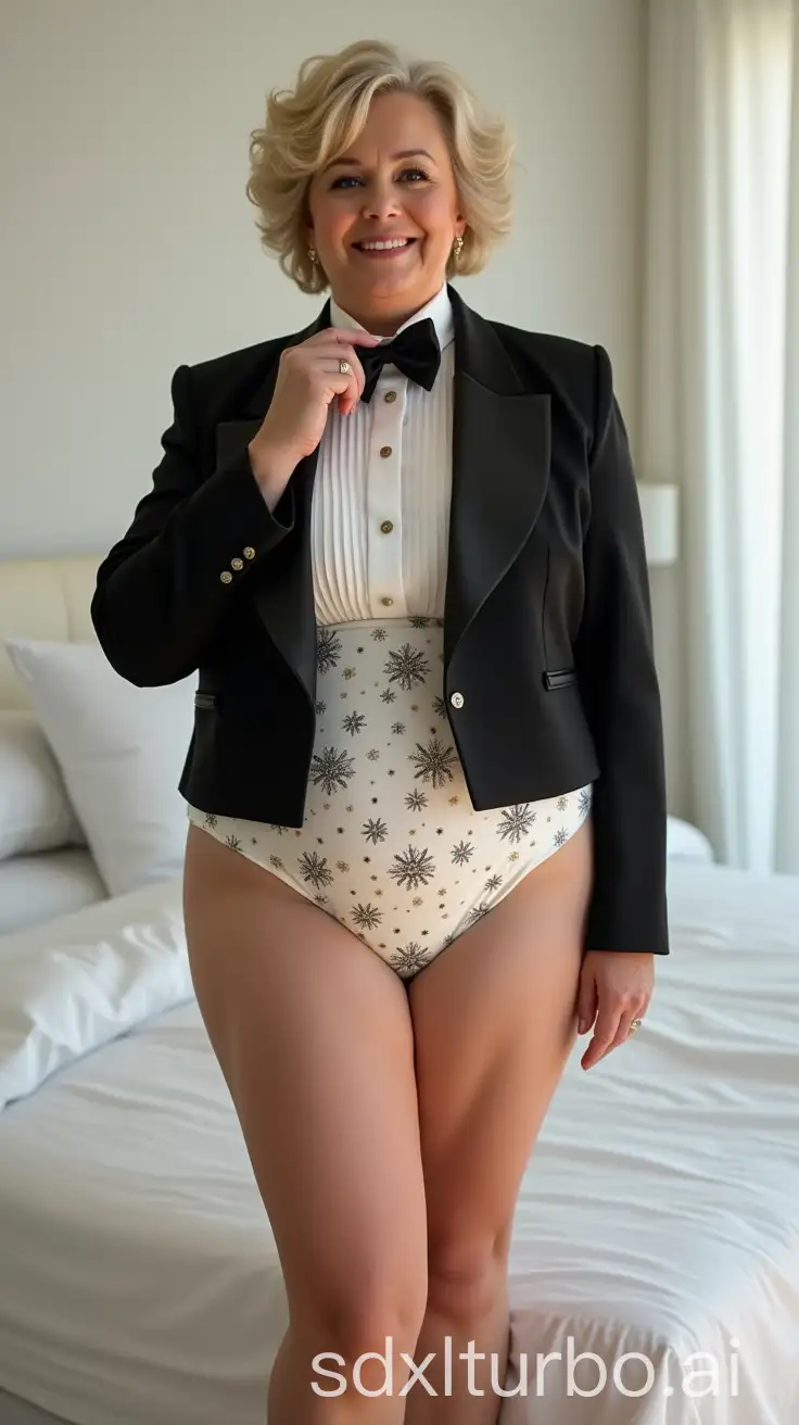 Plump-Caucasian-Woman-in-Formal-Orchestra-Tuxedo-with-Micro-Star-Pattern-in-White-Bedroom