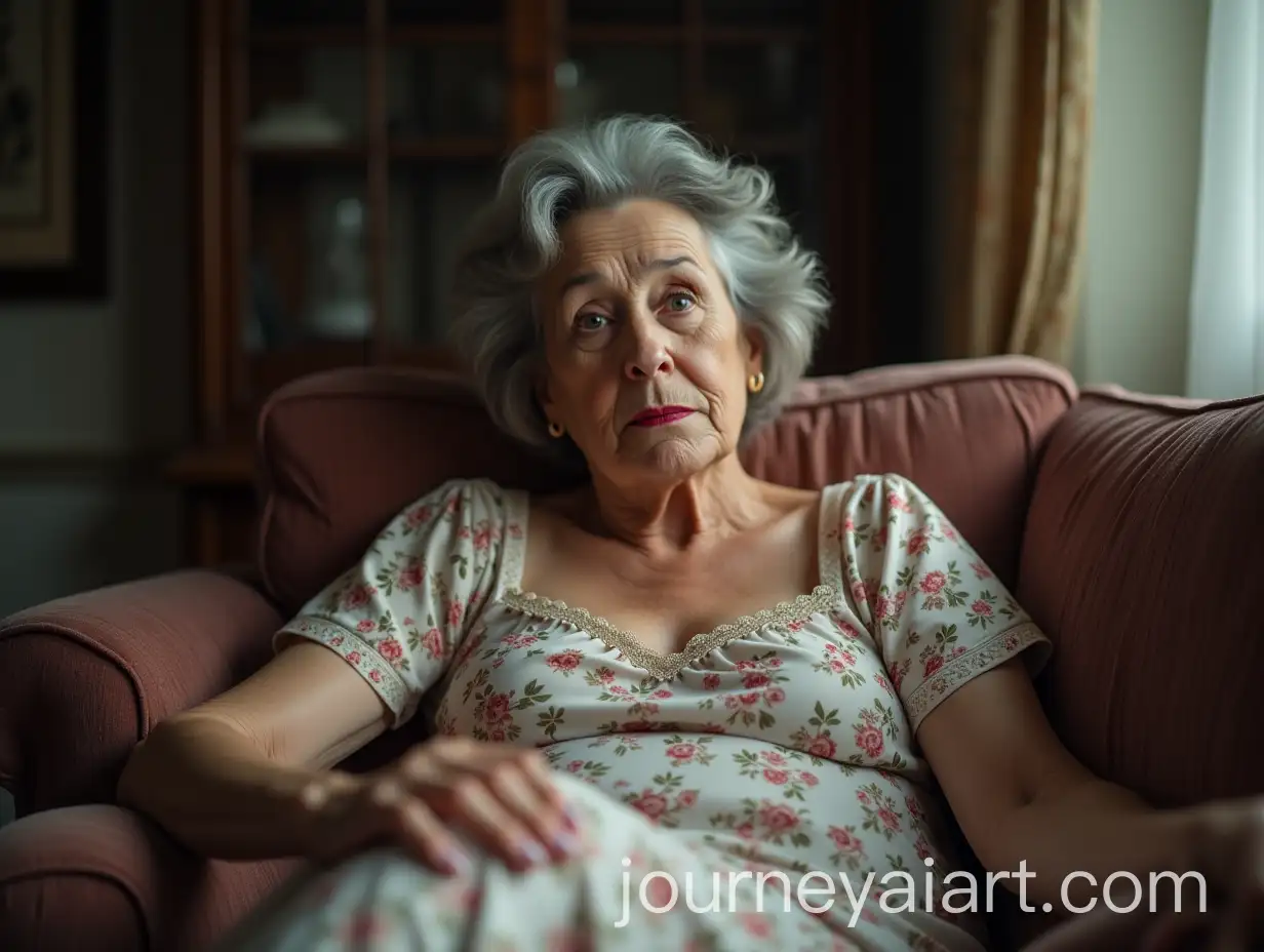 Elegant-60YearOld-Woman-in-Floral-Nightgown-on-Sofa-with-Bold-Makeup
