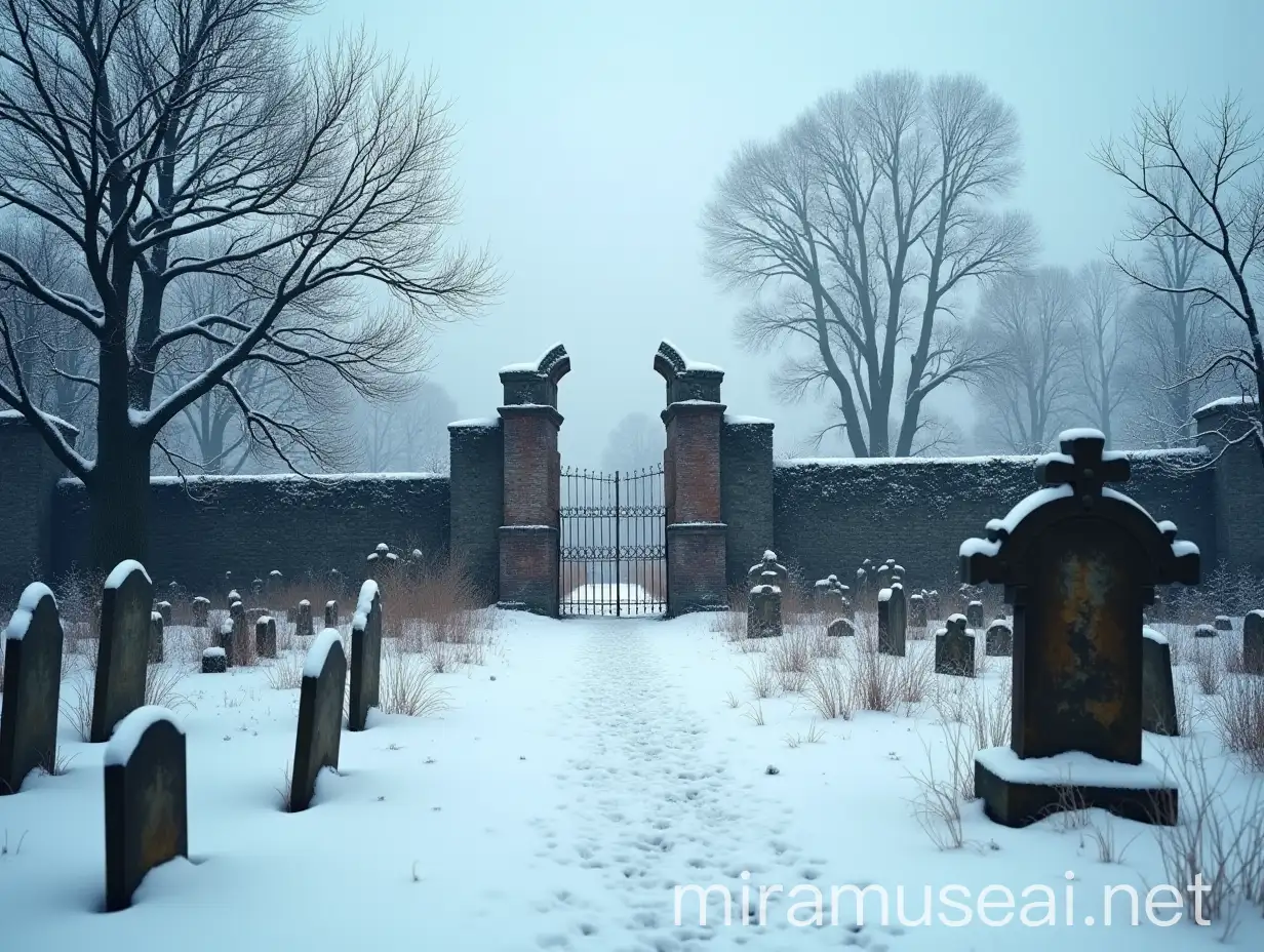 Desolate Winter Graveyard Scene in 18th Century Prussia or France