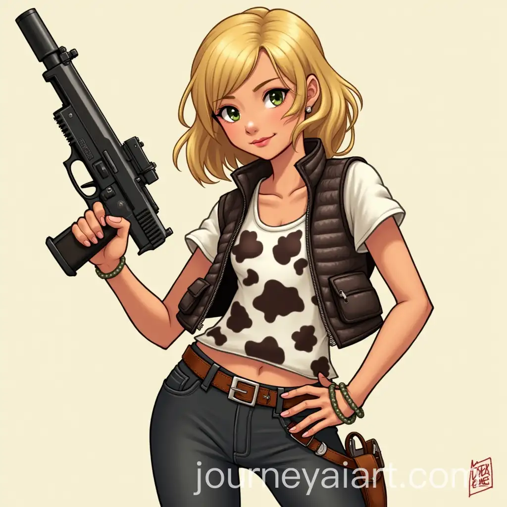 Confident-Blonde-Girl-Holding-Gun-in-Cow-Print-Vest
