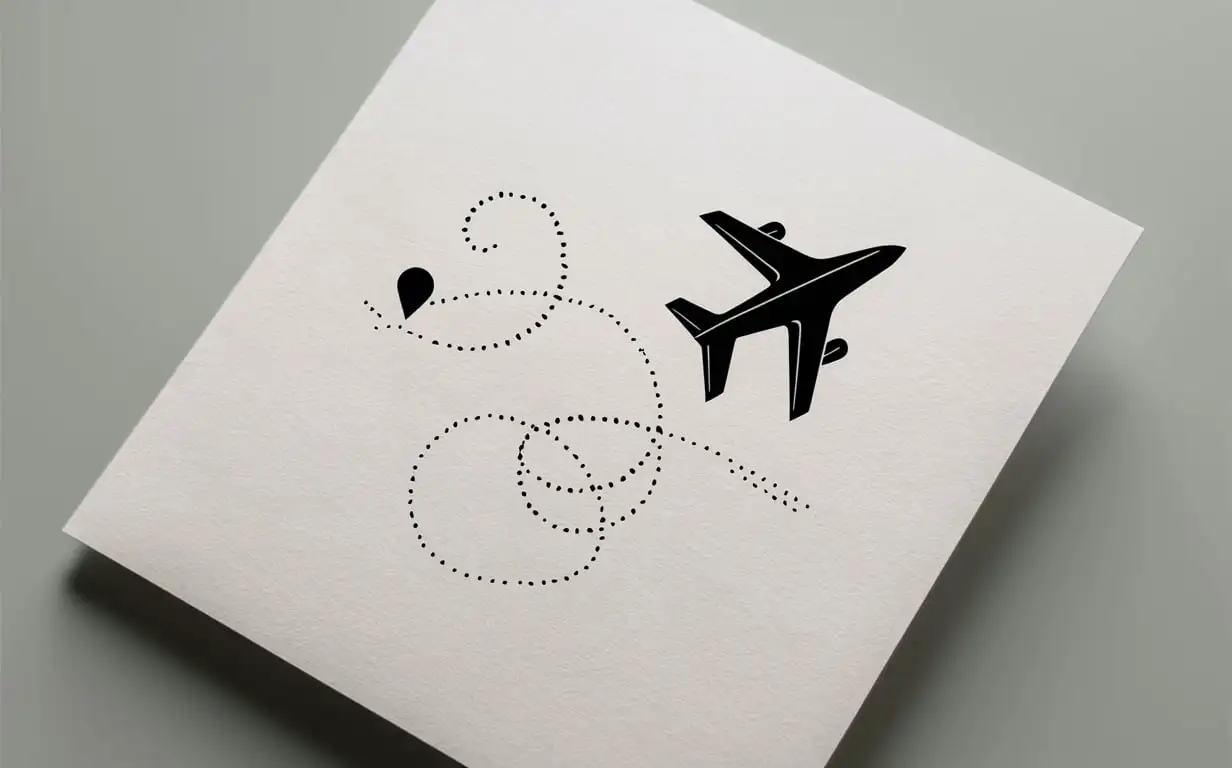 Create a minimalistic line art illustration featuring a simple black airplane with a dotted flight path on a white background. The path should curve gracefully, showing the journey from a location marker to the airplane. Add a subtle creative twist by slightly varying the curvature of the flight path.