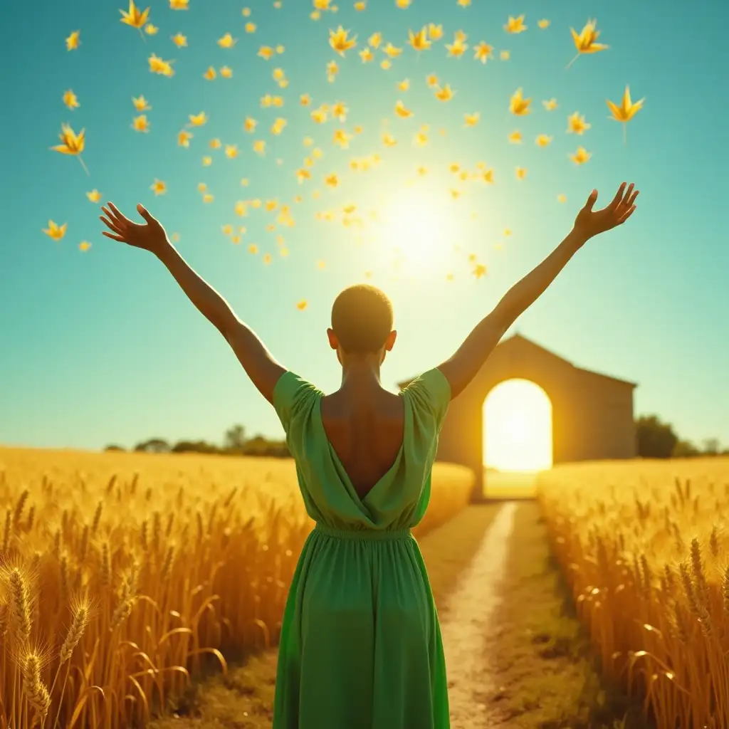 Vibrant Wheat Field with Ethereal Figure Receiving Light