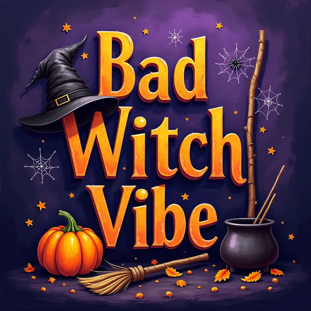 Vector illustration. the word 'Bad Witch Vibe' in bold, center of photo. Create a detailed image featuring a Halloween theme with a witch’s hat, pumpkin, broomstick, cauldron, and spider webs. Halloween theme purple background. oil painting style.