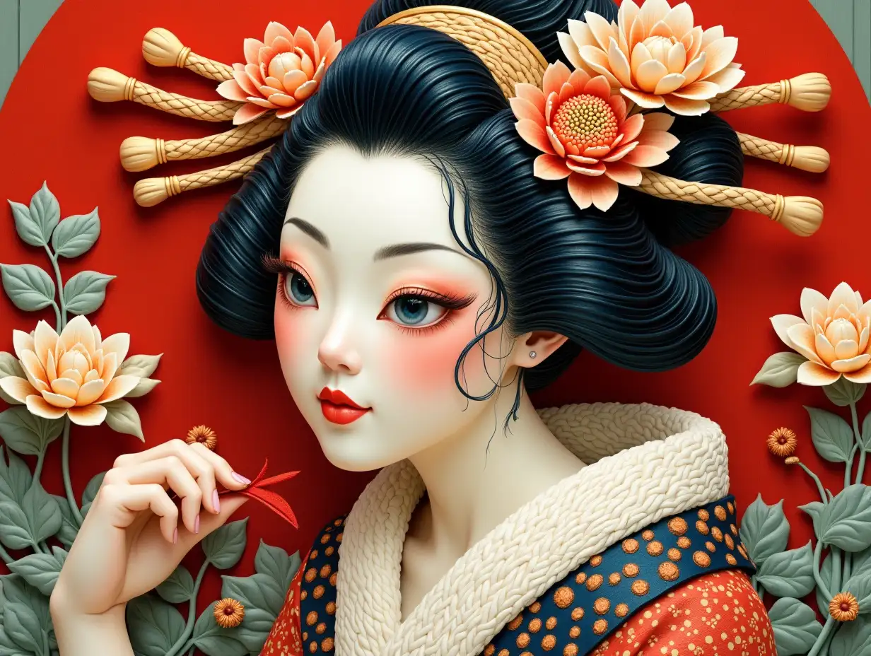 3D carving, ukiyo-e style beauty.