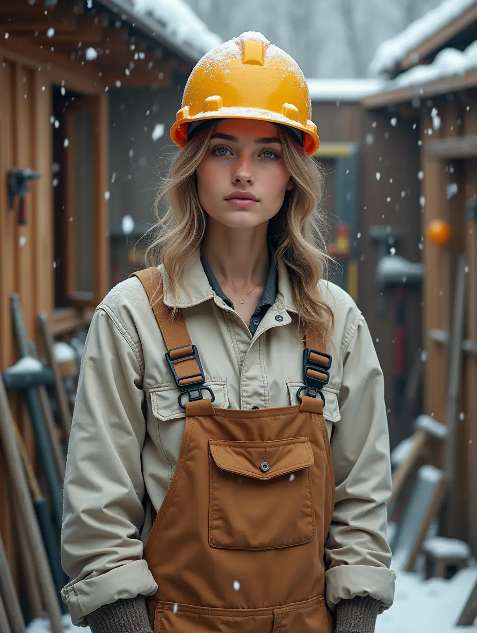 A young, beautiful woman in light, practical work clothing stands against the backdrop of a house construction site. It is winter, with snow falling around her. The scene is filled with hammers, helmets, saws, pickaxes, drills, and other tools. This vividly drawn scene evokes a sense of industry and determination, captured in a striking photograph. The woman's features are delicate yet determined, her posture exuding strength and purpose. The image is rich in detail, from the snowflakes delicately landing on her clothing to the frosty breath escaping her lips. The juxtaposition of her beauty against the rugged tools enhances the overall theme of resilience and hard work. The high resolution and composition of the photograph highlight the woman's strong presence, making it a compelling and visually arresting piece.