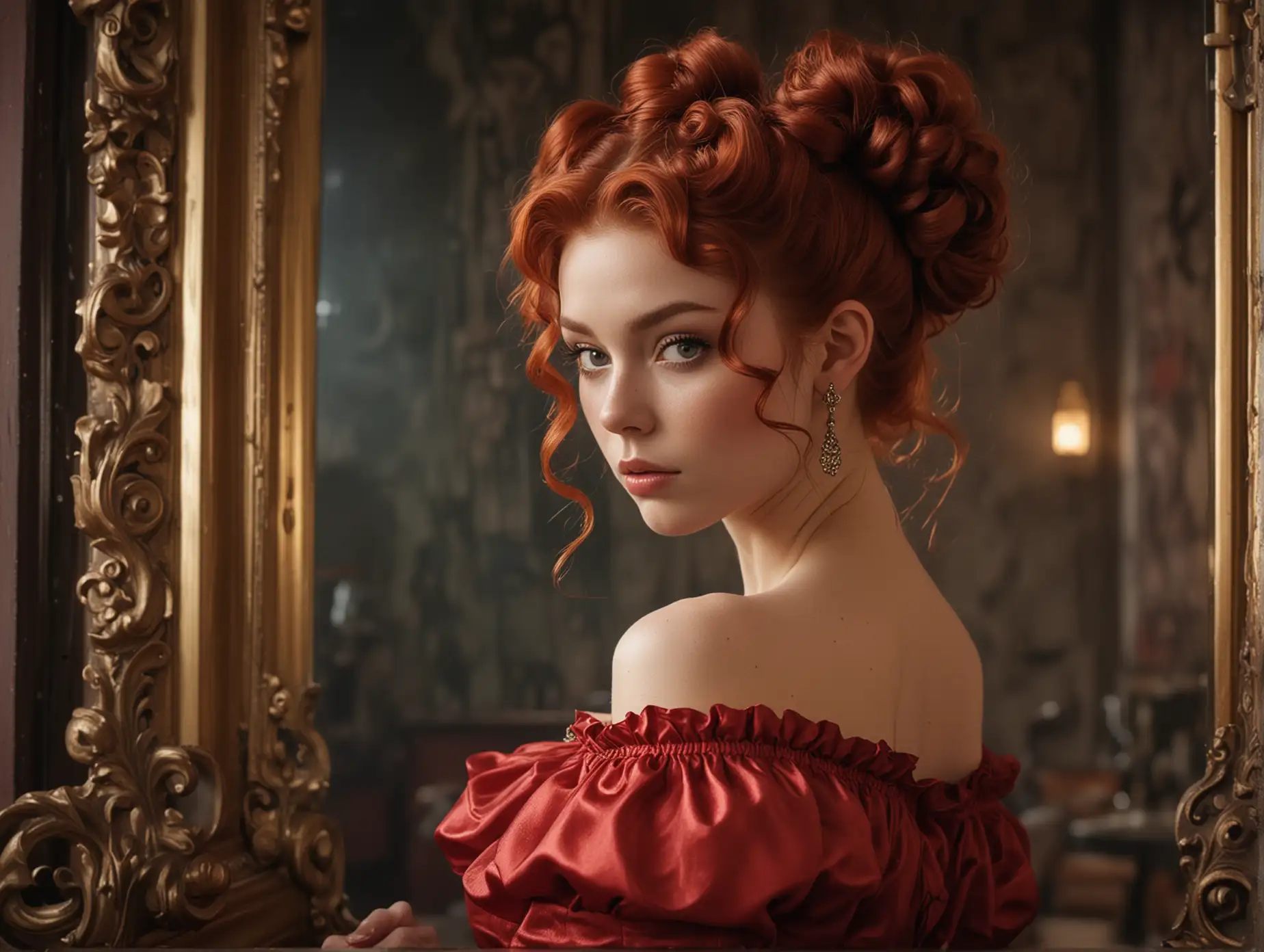 kid heart-shaped head, deep-set eyes, snub nose, soft chin, slim jaw, tall and statuesque girl with six pack, (medium breasts), glossy skin, ((intricate red hair, loose curls hairstyle in double bun with highlights)),  ((shiny plastic boots)), ((feet in frame)), sitting inside a grand Victorian-era ballroom, chandeliers, gilded mirrors, (vibrant hues, gritty urban documentary style), dynamic lighting, 75mm, Technicolor, Panavision, cinemascope, sharp focus, fine details, 8k, HDR, realism, realistic, key visual, film still, superb cinematic color grading, depth of field
