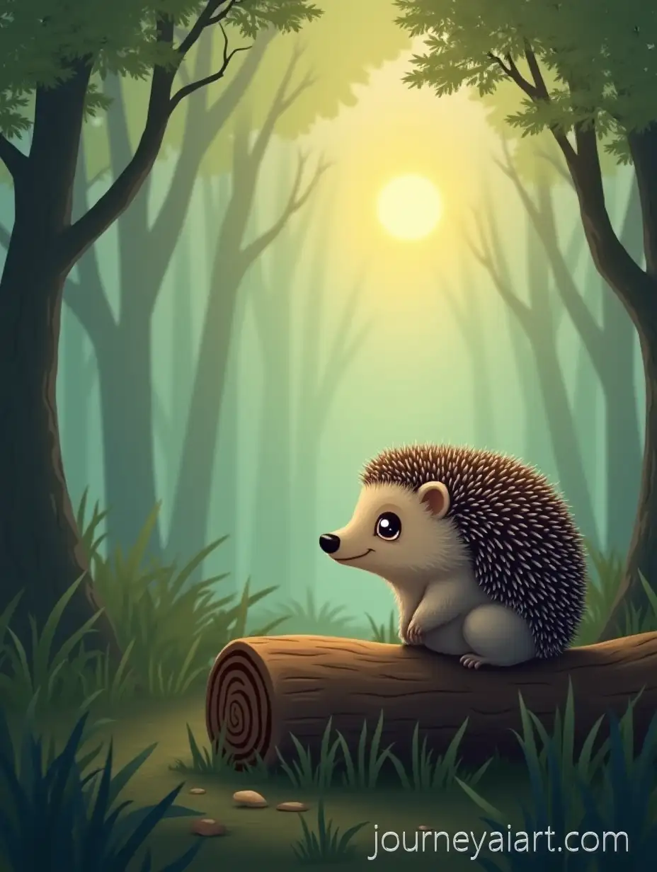 Hedgehog-on-a-Log-in-Foggy-Forest-with-Symbol-of-Wisdom