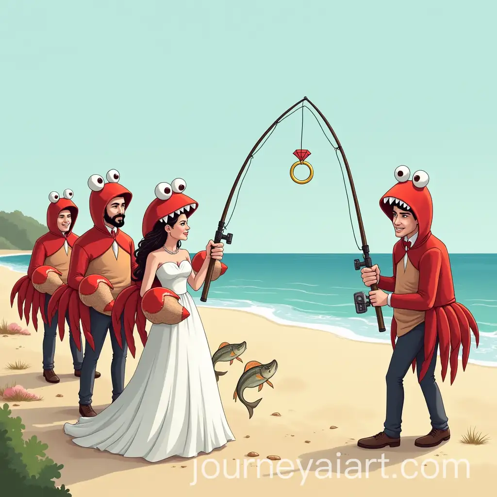 Fun-Beach-Wedding-Scene-with-Groom-as-Crab-and-Bride-Hooked-on-Fishing-Rod