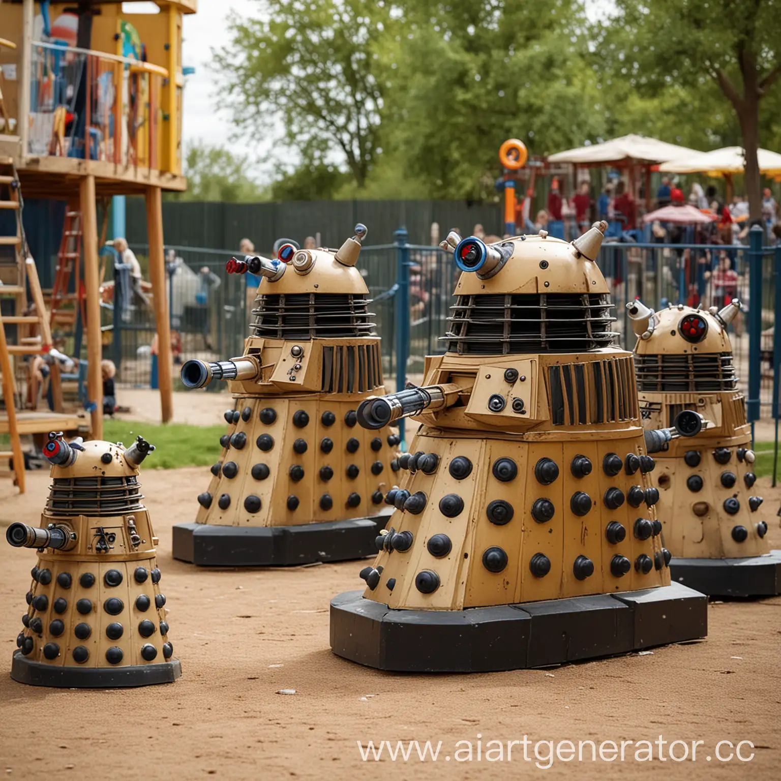 Children-Playing-with-Small-Dalek-Robots-at-a-Playground