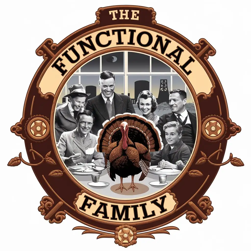 LOGO Design for The Functional Family Vintage Thanksgiving Scene with Turkey Family and Nuclear Plant