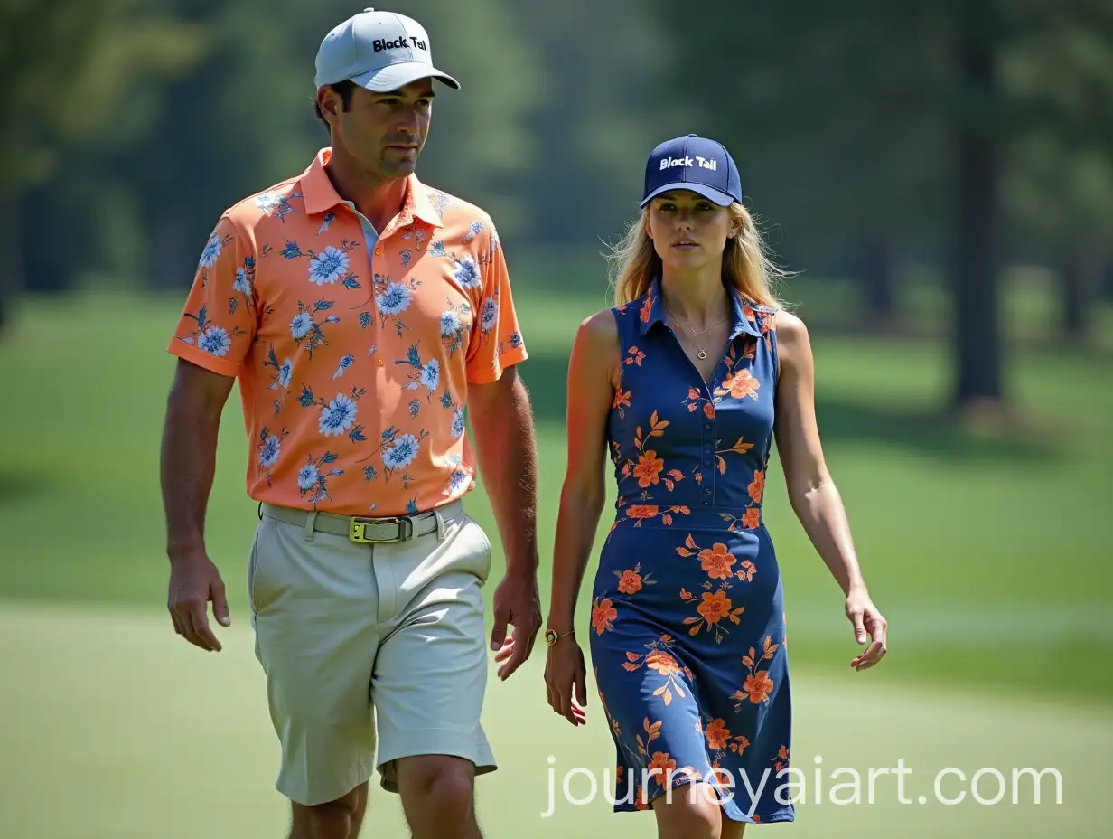 Serious-Male-and-Female-Golfers-in-Floral-Print-Attire-Walking-on-Golf-Course