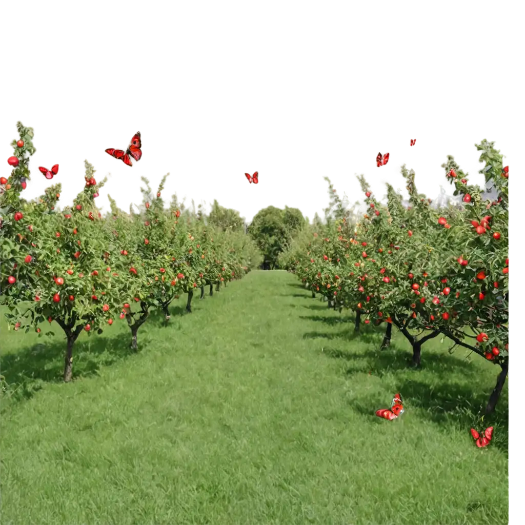 Vibrant-Garden-of-Apple-Trees-and-Colorful-Butterflies-Stunning-PNG-Image-for-Nature-Lovers