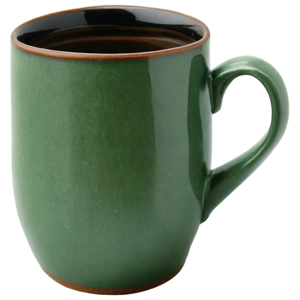 pen sketch of a mid green with darker brown base earthenware mug with one handle, with steaming black coffee