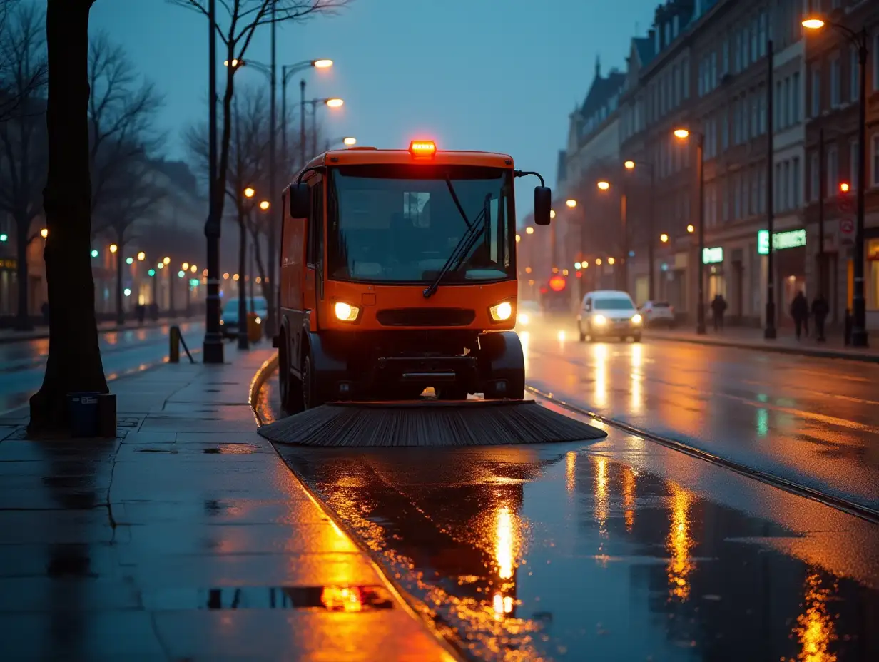 Street sweeper cleans urban pavement during early morning hours, reflecting city lights on wet surface