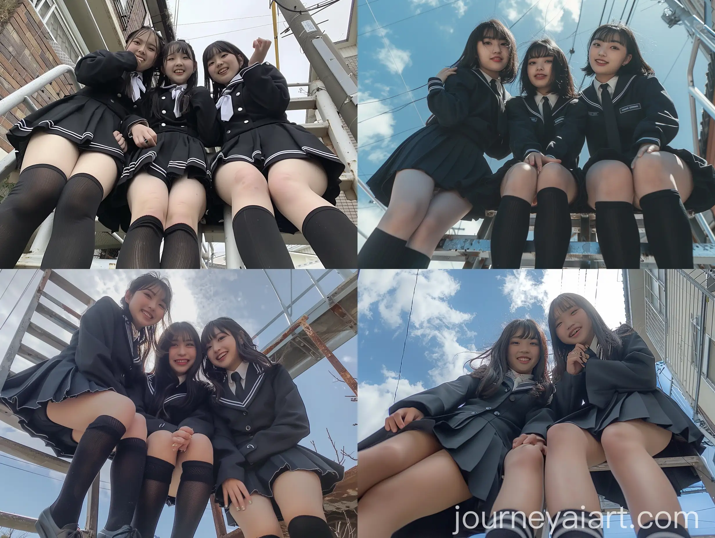 Three-Girls-in-Black-School-Uniforms-Taking-Natural-Selfie-on-Ladder