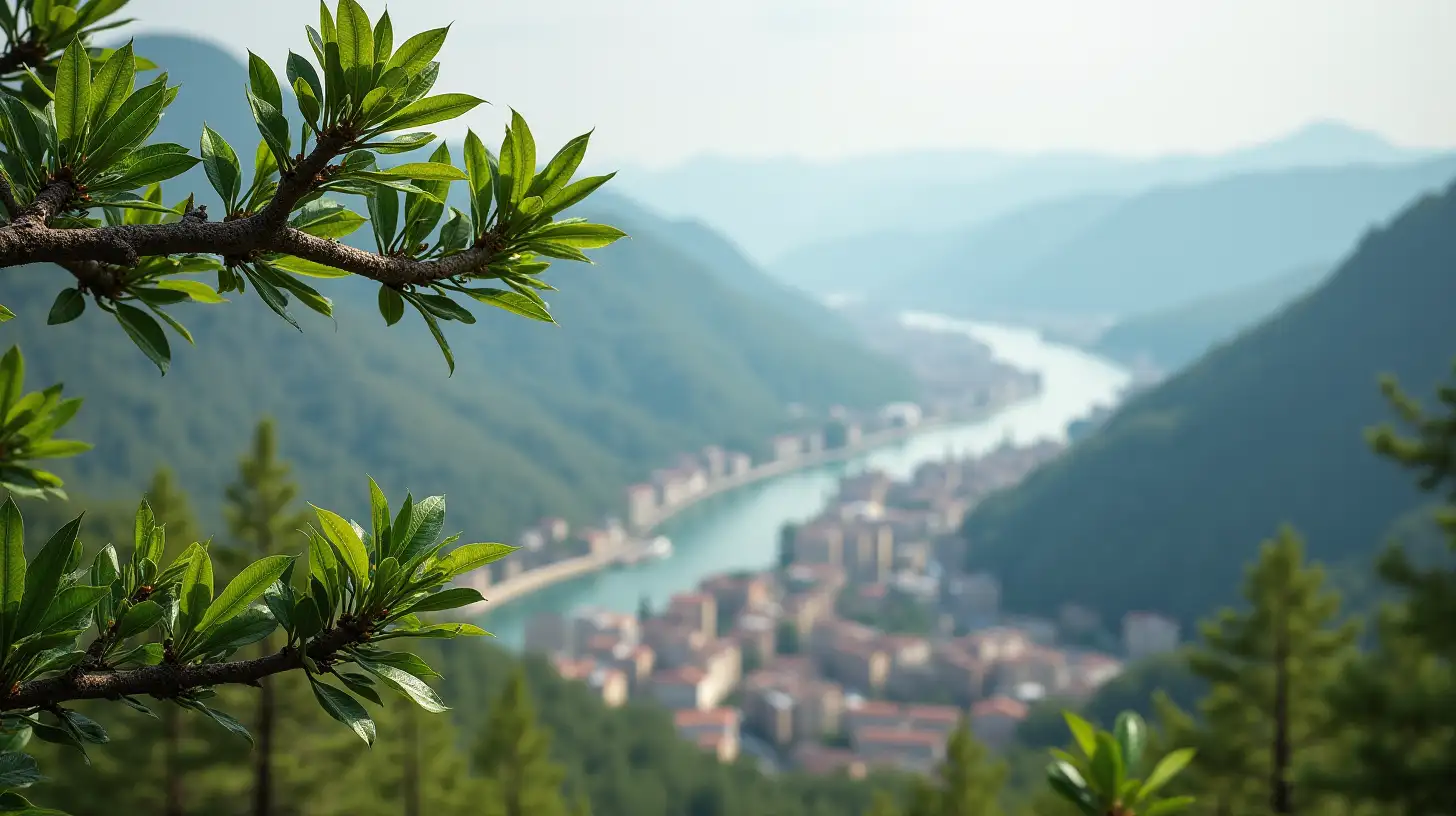 Desolate Cityscape by the River with Foreground Tree Branch